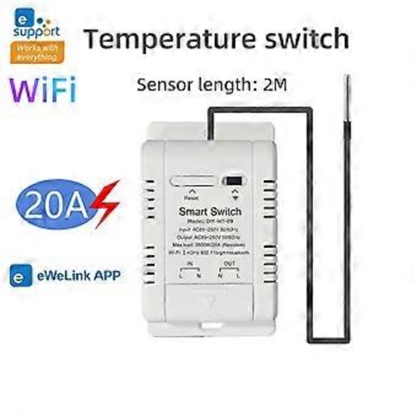WiFi Temperaturkontakt med 2M Sensor Smart WiFi 20A Termostat Temperaturkontakt Understøtter Stemmestyring