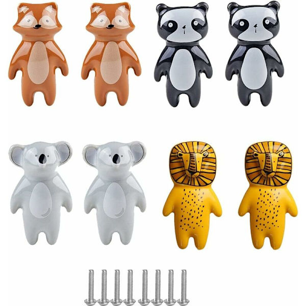 8 kpl sarjassa keraamisia lastenhuoneen ovenkahvoja ruuveilla (Koala2 Panda2 Fox2 Lion2)