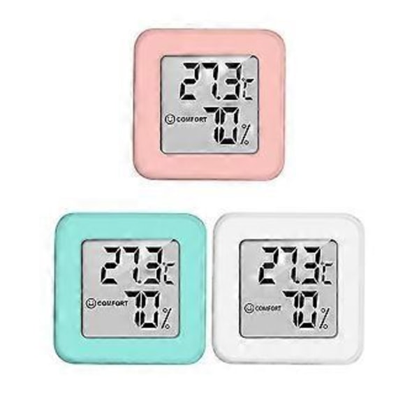 Mini -hygrometer Indendørs 3 stk. Termometer Hygrometer og Fugtighedsmåler med LCD-skærm (hvid+grøn+pink)