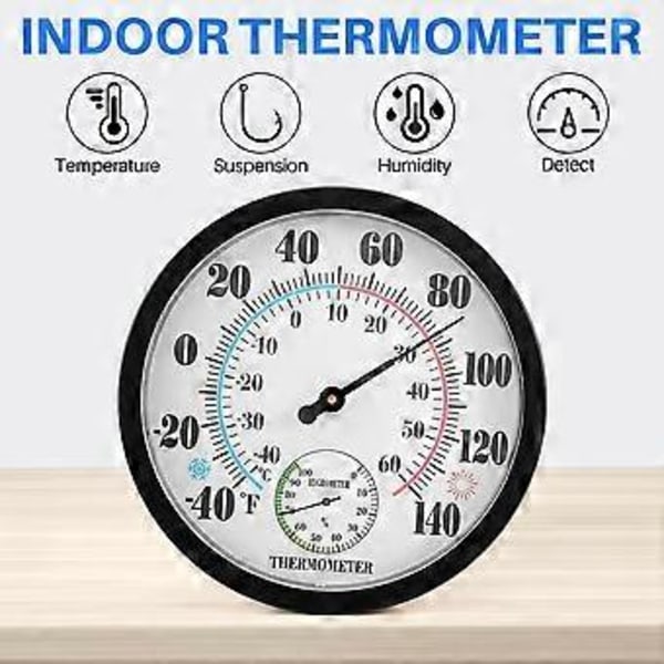 Indendørs Udendørs Termometer Have Væg Terrasse Vejr Termometer Hygrometer, Stort Tal 10 tommer i Diameter (Sort)