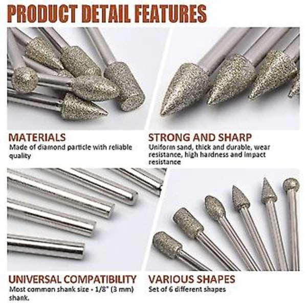 20 st Roterande Filset Slipning, Gravyrbitsset med 3mm (1/8\") Skaft, Diamantbelagd Bits för Stenhuggeri, Universell Passform för Roterande Verktyg