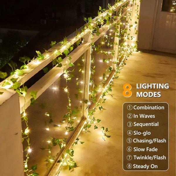 Udendørs solcellelyskæde 12M 100 LED kunstig vedbend solguirlande 8 tilstande vandtætte lys til have balkon terrasse soveværelse bryllupsfest Christ