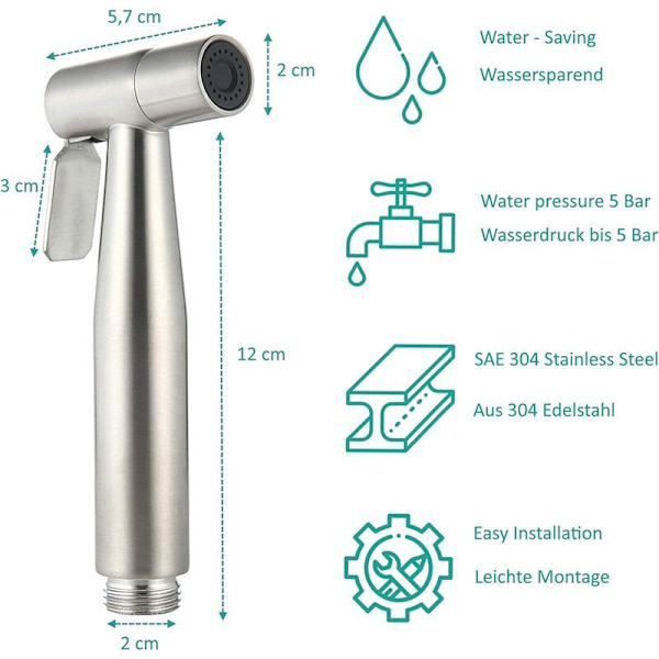 Toilet bidet kit med håndbruser, bidet håndbruser, toilet håndbruser med slange + rustfrit stål støtte + 2 tætninger