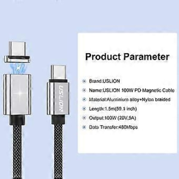 Magnetisk USB C-kabel 100W (20V/5A MAX), USB-C till USB-C-kabel, Dataöverföring USB-laddningskabel för bärbar dator