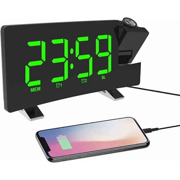 Projektionsur med radio, 180° loftprojektionsvækkeur, USB FM digitalur med dobbeltalarmer, snooze, sleep timer, 12/24h, stort LED-display med dæmper (grøn)