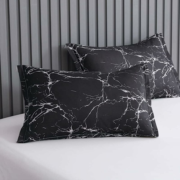 Dobbelt dynebetræk 200x200cm + 2 x pudebetræk 50x75cm - Sort og hvidt marmor vendbart 2 personers voksensengesæt