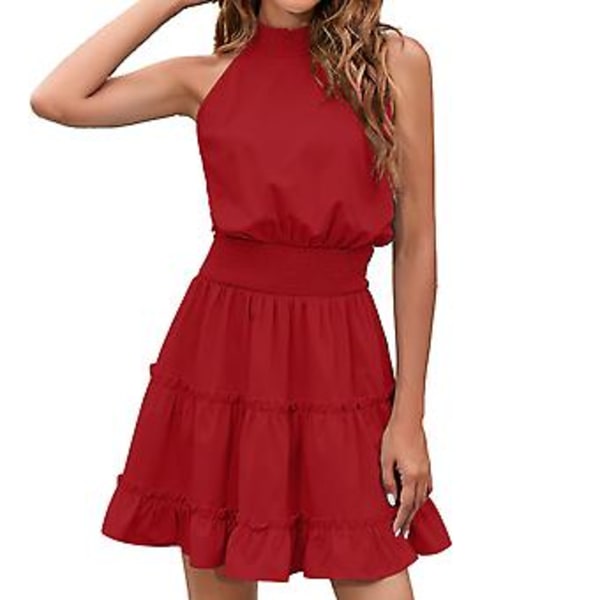 Vinrød Halter Neck Kort Kjole - Åndbar Ærmeløs Elastisk Talje Swing Afslappet Sommer Outfit, S