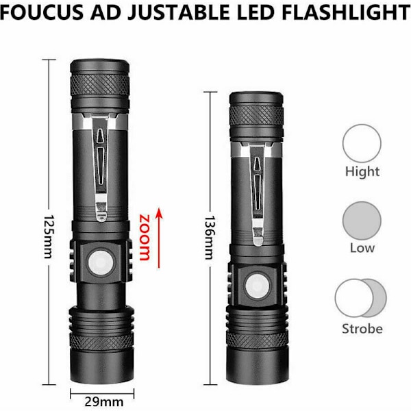 USB-laddningsbar ficklampa mini bärbar starkt ljus långskott zoom, 2 st