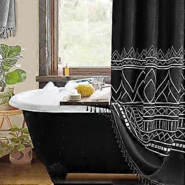 Boho Bruseforhængssæt Med Kroge Sort Og Hvid Bruseforhæng