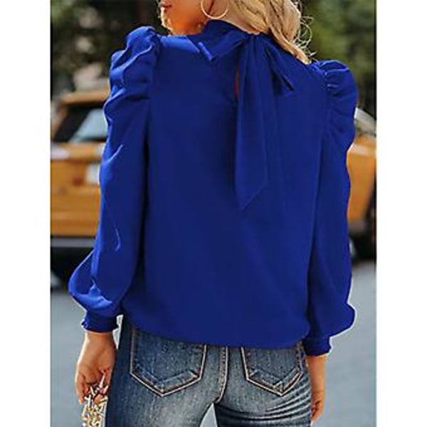 Dame Lang Puff Erme Topper Skjorte Moderne Elegant Løs Casual Ren Farge Høy Hals Bluse for Arbeid Blå XXL