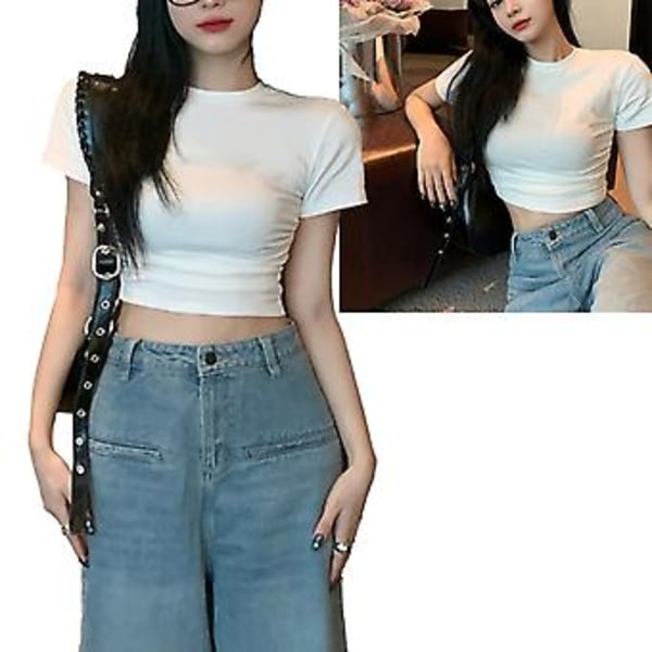 Naisten lyhythihainen paita, tiukka pyöreä pääntie, muodikas kesäinen slim fit -toppi arkeen ja työhön, valkoinen, one size