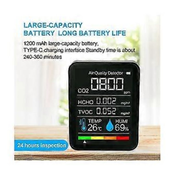 Bärbar 5-i-1 Koldioxid Detektor Co2 Detektor Digital Temperatur Fuktighetstestare Hcho Tvoc