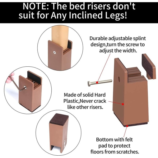 4 tommer justerbar sengbenforhøjer, 10 cm kraftige møbelforhøjere, til sengbenstykkelse 0-1,5 tommer, senghøjde, sofa, skrivebord, garderobe, understøtter 2000 kg