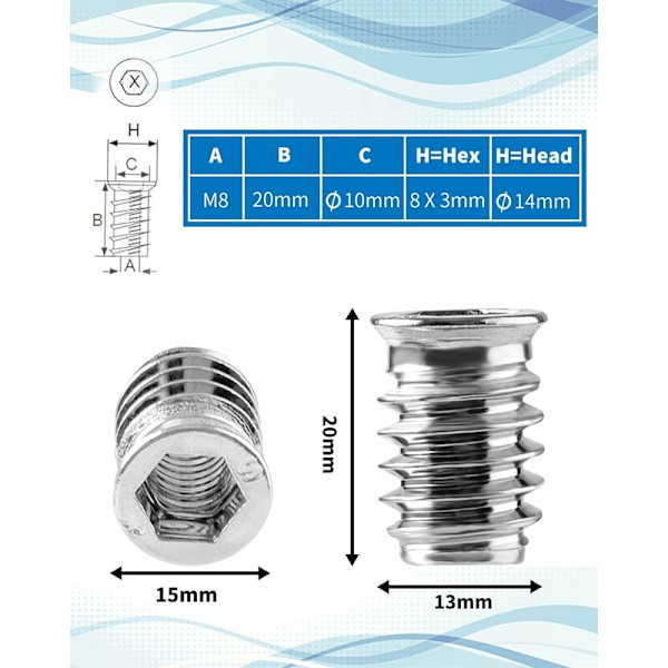 50 kpl puinen kierteinen insertti kuusiomutteri M8 x 20 mm sinkkiseos ruuvi insertti