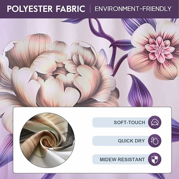 Duschdraperi 180 x 180 cm Vattentät Anti-Mould Polyester Badrumsdraperier med 12 Krokar (Blommor Lila, 180 x 180 cm)
