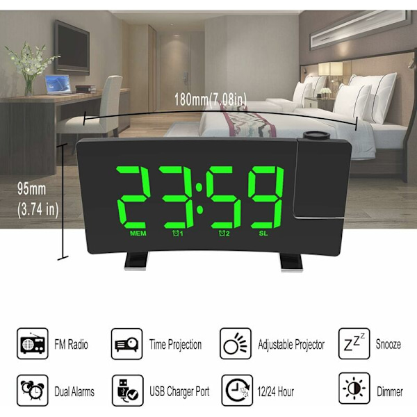 Projektionsklockradio, 180  Takprojektionsväckarklocka, USB FM Digitalklocka med Dubbla Alarm, Snooze, Sleep Timer, 12/24h, Stor LED-skärm med Dimmer (Grön)