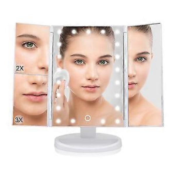 Makeup Spejl med Lys og 21 LED Lys, Make Up Vanity Spejl med 3x/2x/1x Forstørrelse og Touch Skærm, Kosmetisk Trefoldet Bord Øjen Forstørrelsesglas Ma