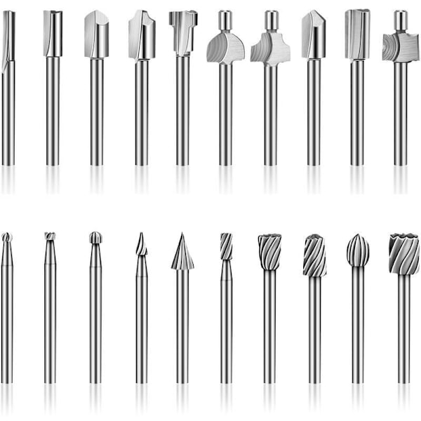 HSS fræserbits, 20 stk. 3 mm 1/8\" HSS fræserbits træbearbejdningsfræsere tilbehørssæt fræserbits til roterende multiværktøj til Dremel Foredom Proxxon Rotar