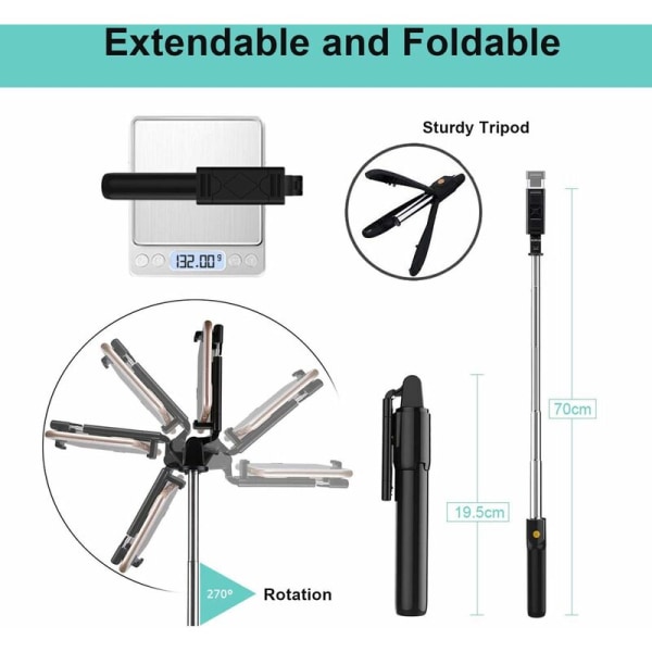 Bluetooth Selfie Stick Tripod med fjärrkontroll, roterande selfie stick med Bluetooth fjärrkontroll, utdragbar trådlös selfie stick för de flesta smartphones (svart