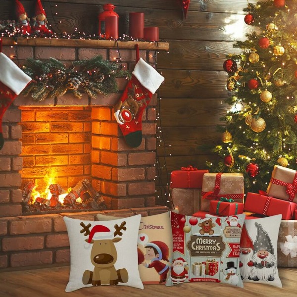 Julepudebetræk 45x45cm, Sæt med 4 Juledekorative Sofa i Bomuld og Linned Jul til Sofa Seng Sovestol Have-Glædelig Jul