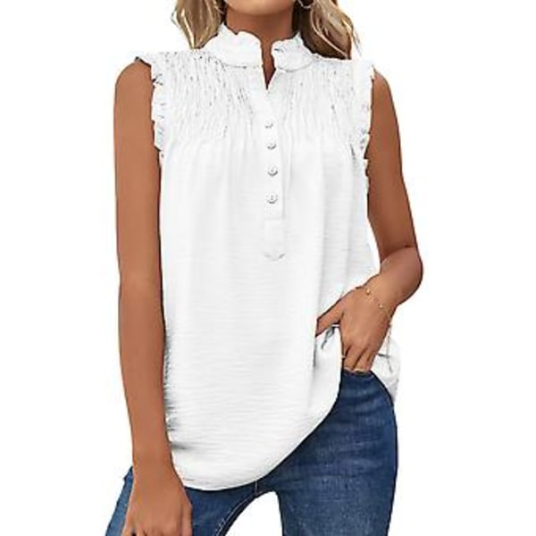 Dame Sommer Tank Top Casual Ermeløs Polyester Skjorter Maskinvaskbar Knappehals Vest Hvit XXL