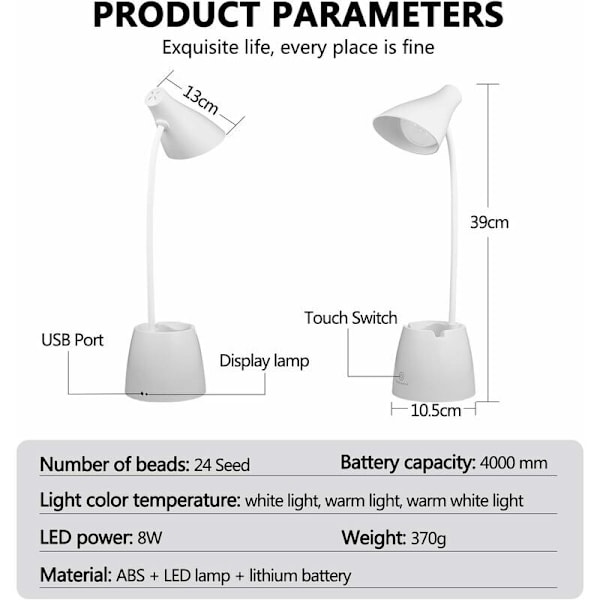 Skrivebordslampe, LED-bordlampe 3 lysmoduser og berøringssensor, 360° roterende skrivebordslampe med dimbar intensitet for lesing, studering, arbeid (hvit)