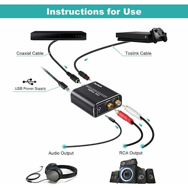 Audio Dac 192Khz, Aluminium Dac Digital till Analog Audio Konverter, Digital Spdif Toslink till Stereo L/R Rca Jack 3.5Mm med Optisk/Koaxial Kabel för