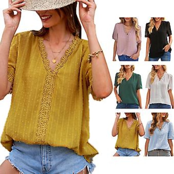 Dame Kort Erme T-skjorte Blondekant Krage Mansjett V-hals Polkadotter Ren Farge Sommer Topp Gul XXL