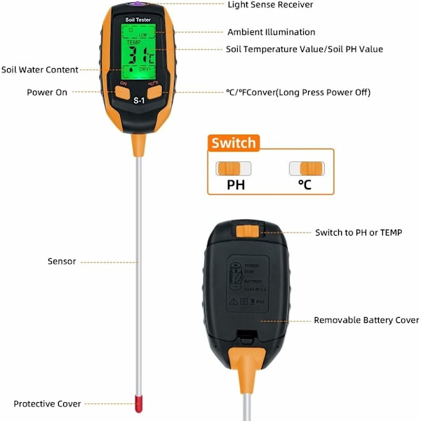 4 i 1 jordtester med PH/temperatur/fuktighet/ljus för trädgårdsskötsel, gräsmatta, jordbruk och utomhusväxter