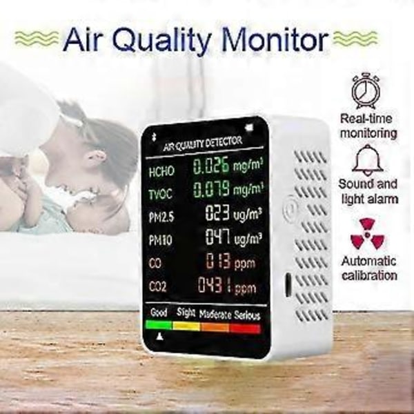 6 i 1 Pm2.5 Pm10 Hcho Tvoc Co Co2 Multifunksjonell Luftkvalitetsdetektor LCD-skjerm Luftkvalitetstester - Hvit--hvit-i