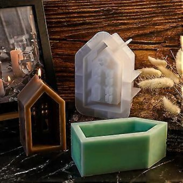 Hus Ljusstake Silikonform DIY Handgjorda Fönsterhus Gips Betong Harts Ljusstakar Hantverk Gjutformar S