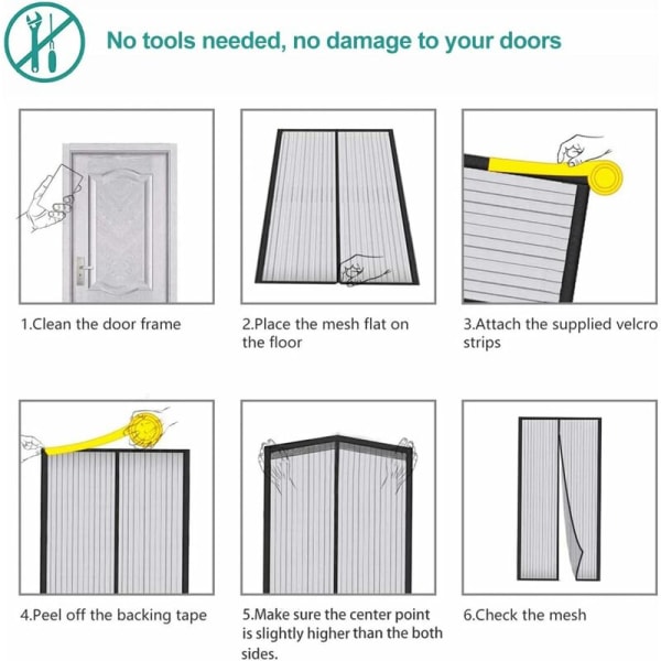 Magnetisk myggnät för dörr, nätgardin, magnetisk tätning uppifrån och ned med självstängning, håller frisk luft inne (90x210cm, svart)