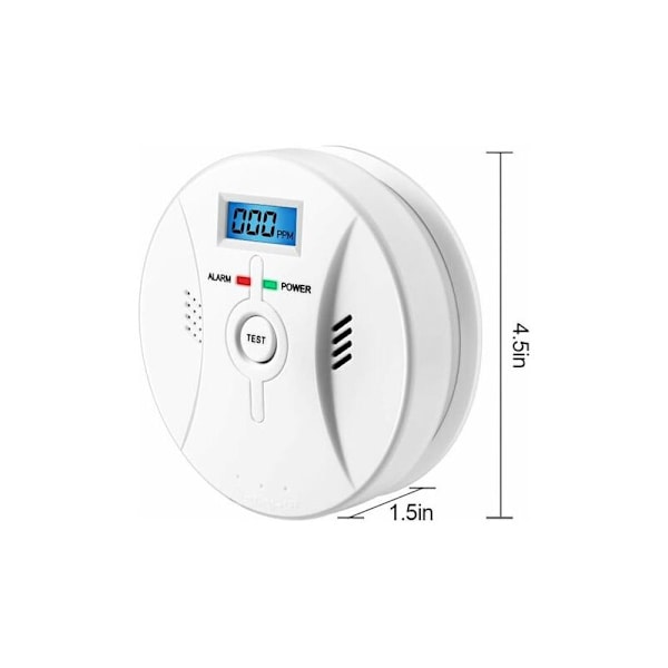 Kulmonoxiddetektor - CO-alarm - Kulmonoxidalarm - Display LCD - 85 DB lydalarm - Testkontakt