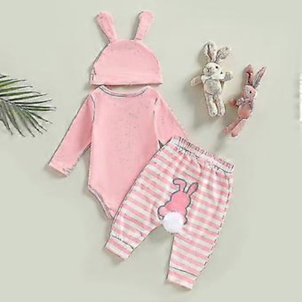 Nyfödd Baby Pojkar Flickor Min 1:a Första Påsk Kläder Set Outfit Långärmad Kanin Romper Topp Randiga Långbyxor 3D Kanin Öron Hatt Baby Påsk Present SHZN