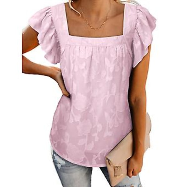 Kort volangermet trykket topp firkantet hals dame polyester chiffon topp for sommer utendørs rosa lilla XXL
