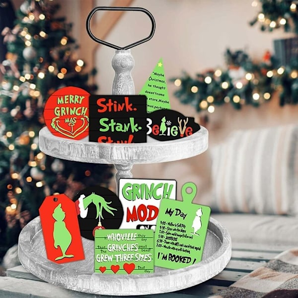 9 stykker Grinch bakkeindretning sæt bondehus Grinch træskilt indretning grøn juletræ Grinch træskilte indretning etagere bakke, sjov jul