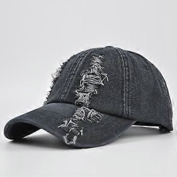 Vasket baseballkasket i gammel bomuldsdenim med huller, baseballkasket, enkel let skyggekasket i ét stykke