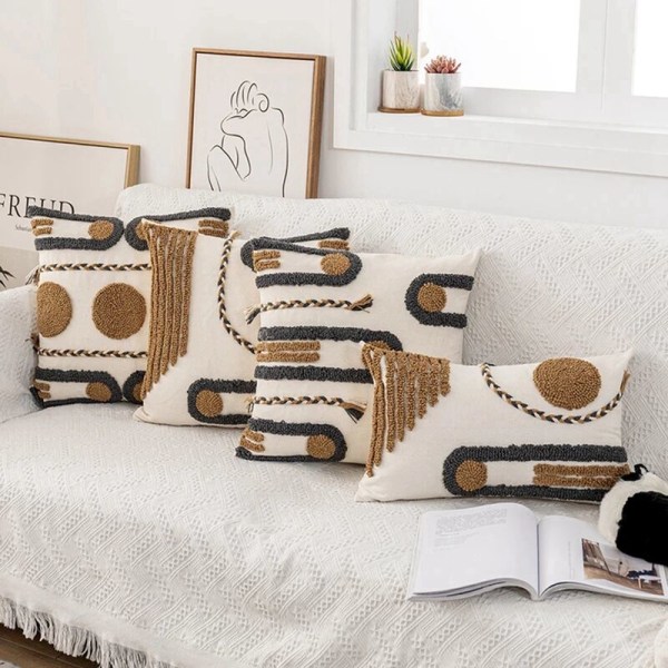 Bohemisk stil bomull örngott kuddfodral kaffe boucle tuftad för soffa inredning natur -B