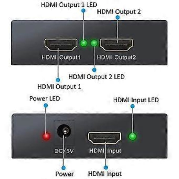 HDMI Splitter 4K, 1 Ingång 2 Utgångar Driven Videokonverterare, Stödjer HDMI 1.4A + HDCP1.0 / 1.1 / 1.2 / 1.3