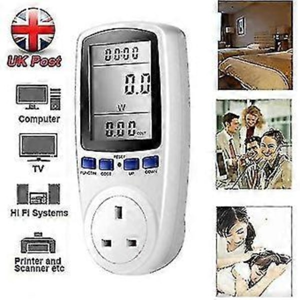 Elförbrukningsmätare, elmätare för strömförbrukning, energimätare med timer, watt Kwh-analysator, plug-in med LCD-display för hem och hotell