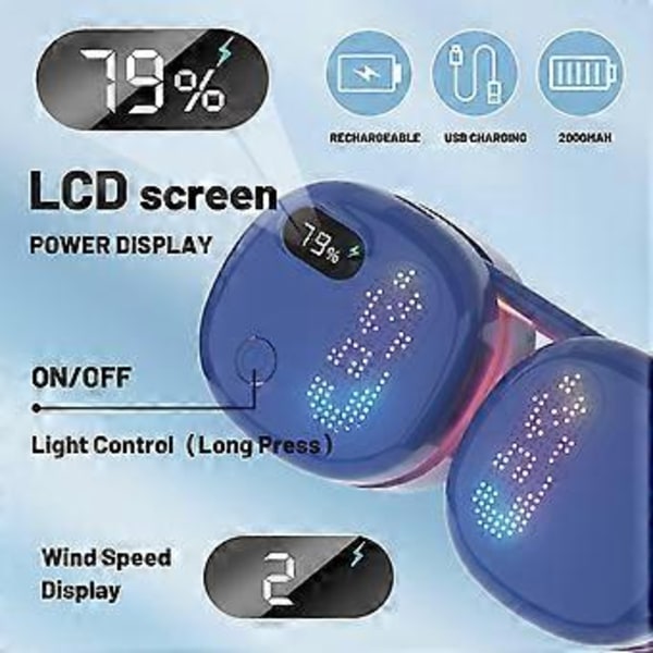 Kannettava kaulatuuletin, 2000 mAh LCD-näyttö ladattava (sininen)