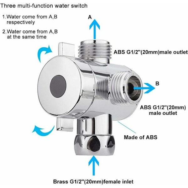 Multifunktionel 3-vejs brusebads-armatur med omskifter, brusehovedadapter til brusearmen, køkkenvask G1/2\", T-armatur reservedele