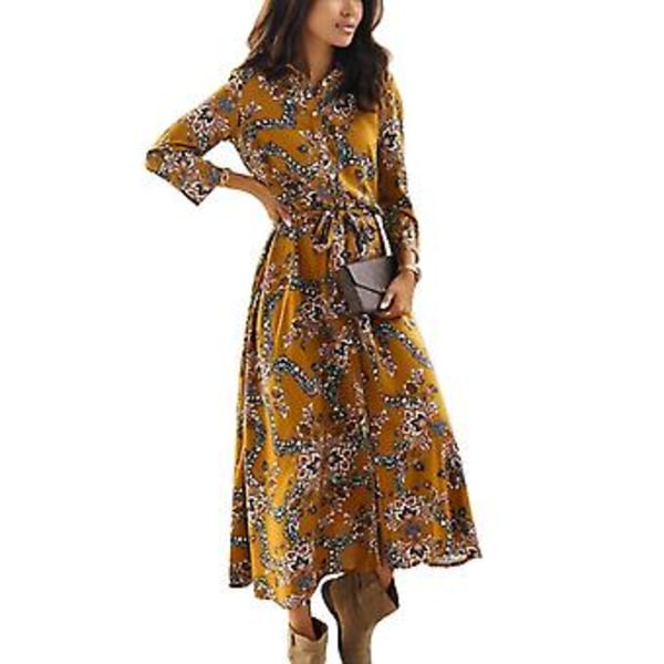 Kjole Langermet Blomsterprint Knapper Slips Stropp Ankel Lengde Moderne Maxikjole for Dame Gul Blomstret S