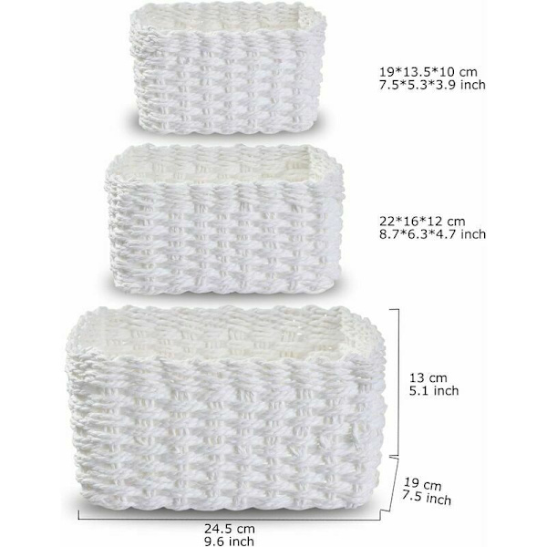 Set med 3 vävda förvaringskorgar för sminktillbehör, badrum, skötbord, litet förvaringsfack (vit)