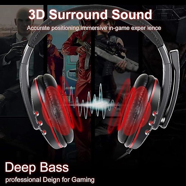 Gaming Headset for PS4, Headset for Xbox One S 3.5mm Wired Over-head Stereo Gaming Headphone med mikrofon, volumkontroll for PC Xbox