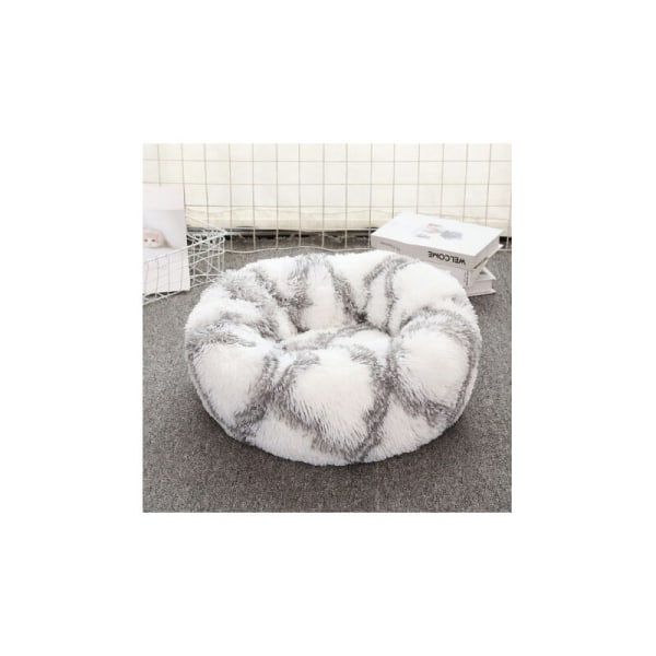 Donut Katteseng, Kæledyr beroligende plys rund pude, varm kram blød sofa kennel, behagelig sovekurv måtte, sort og hvid (grå og hvid