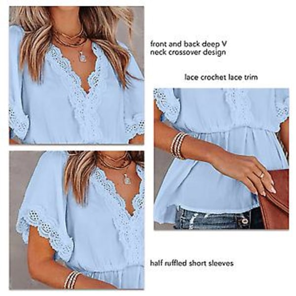 Bluse med volanger, korte ermer, V-hals, heklet blondekant, elastisk midje, peplum og knyting bak, for hverdagsbruk, jobb, shopping, date, blå S