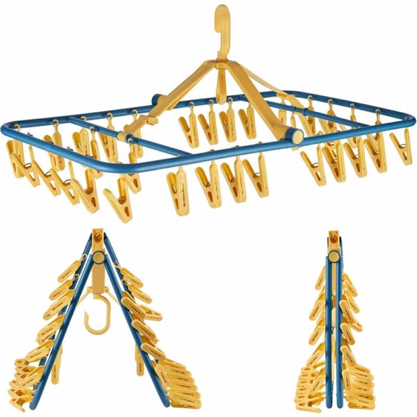 Plastisk sammenklappelig anti-dryp bøjle med 32 tørreklemmer, vindsikker undertøjskrog med klemmer, tørrestativ til sokker, bh'er, lingeri, plastikklemmer