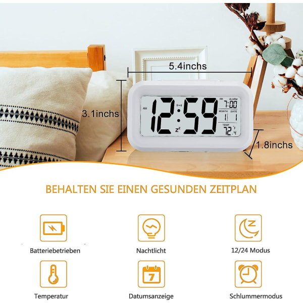 Väckarklocka, liten digital väckarklocka, 5,1 LCD-skärm med snooze-datumkalender, temperaturväckardisplay, sängbord enkel att installera (vit)