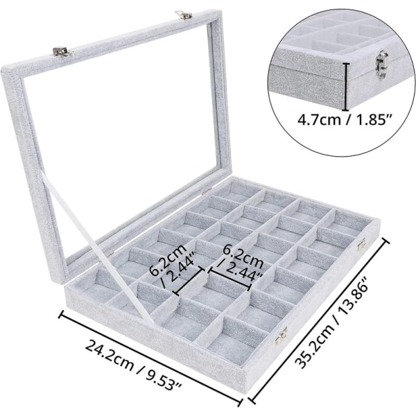 Grå fløyel smykkeskrin med 24 seksjoner og glasslokk - Stakkbar og modulær smykkeskrin for ringer, halskjeder, armbånd, øreringer og W